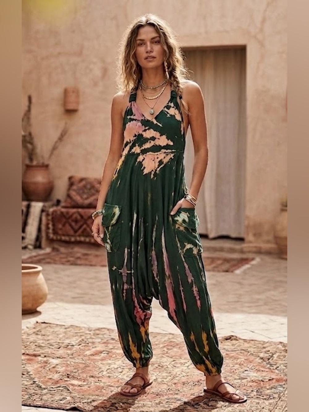 Kala Imports Llc Tie-Dye Sleeveless Harem Jumpsuit- Green